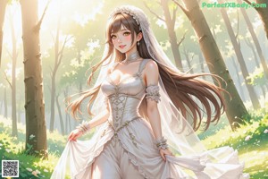 A woman in a wedding dress walking through a forest.