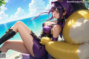 A woman with long purple hair sitting on a chair.