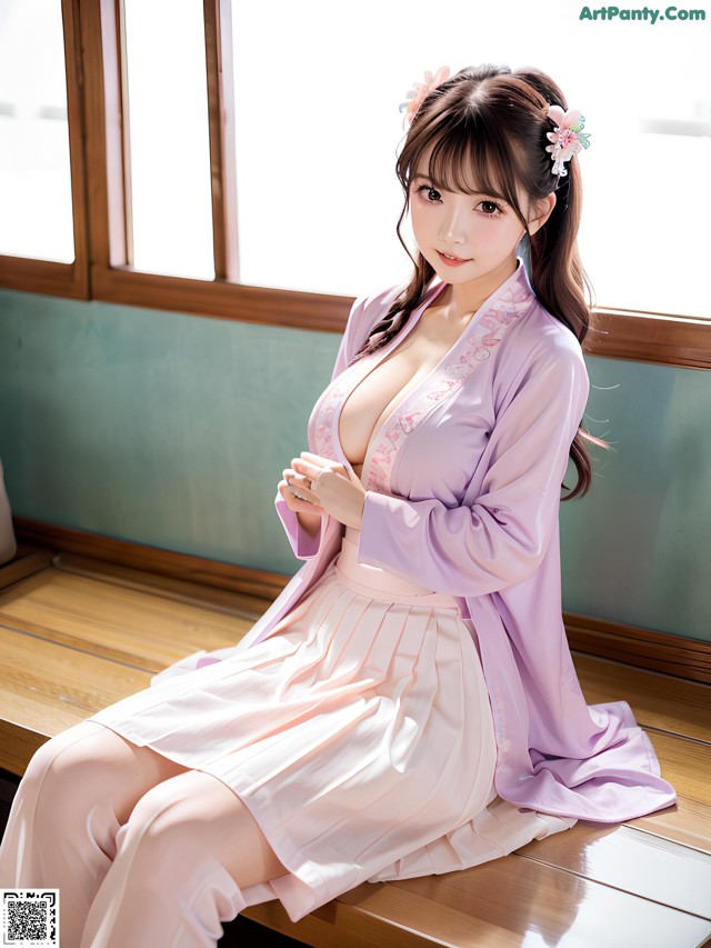 A woman in a pink kimono sitting on a wooden floor.