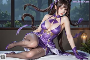 A woman in a purple and white outfit sitting on a window sill.