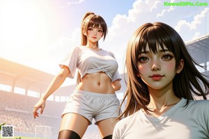 Two young women standing next to each other on a soccer field.