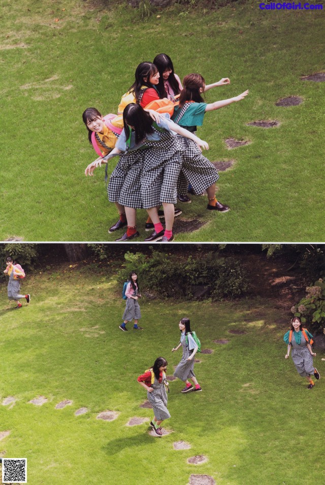 A group of young women walking across a lush green field.