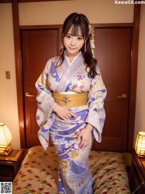 A woman in a blue kimono posing for the camera.
