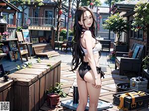 A woman in a black bikini sitting on a wooden dock.