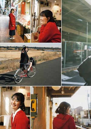 A woman in a school uniform riding a bike.