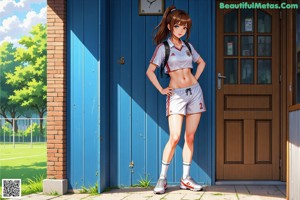 A girl in a white shirt and red shorts posing for a picture.
