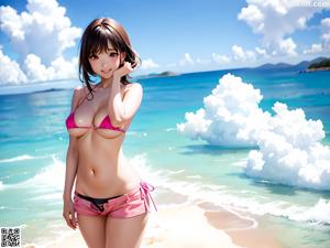 A woman in a black bikini standing next to a pool.