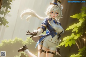 A woman in a white and blue outfit standing on a rock.