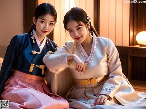 A woman in a white and red hanbok posing for a picture.