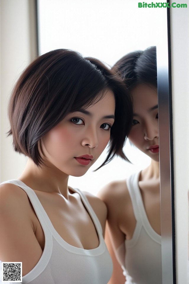 A woman looking at herself in the mirror. 