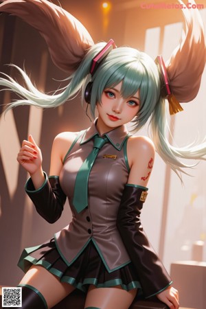 A woman with green hair wearing a white shirt and black skirt.