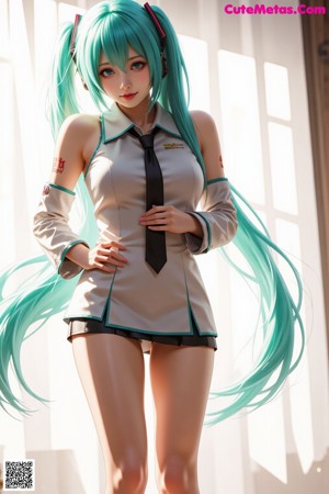 A woman with long green hair wearing a blue dress and a red tie.