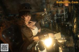 A woman in a steampunk outfit is posing for a picture.