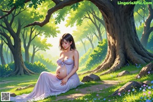 A pregnant woman sitting under a tree in a field of flowers.