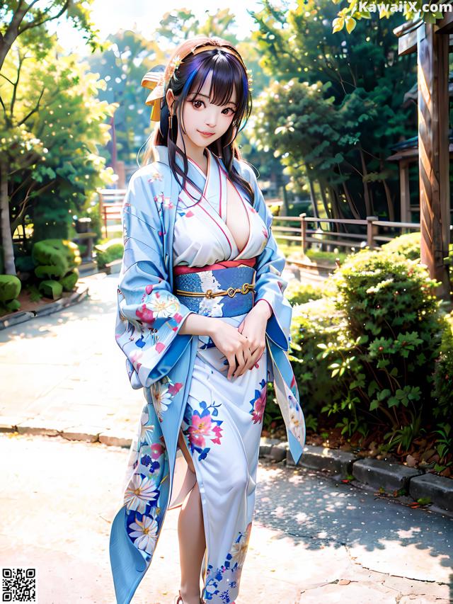 A woman in a blue and white kimono posing for a picture.