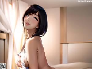 A naked woman sitting on top of a bed.