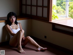 A woman in a green top and white thong looking out a window.