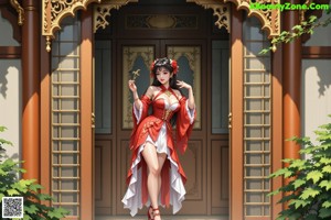 A woman in a red and white dress is posing for a picture.