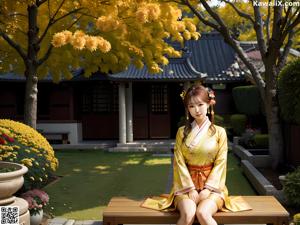 A woman in a pink and blue kimono standing in front of a building.