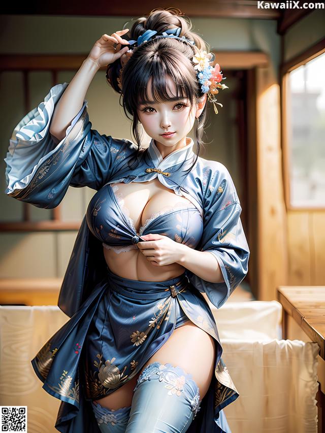 A woman in a blue kimono posing for a picture.