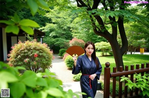 A woman in a black and purple kimono posing for a picture.