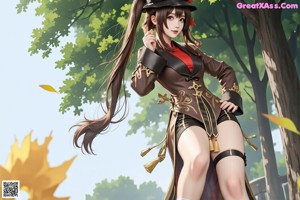 A woman in a brown jacket and black shorts holding a hat.