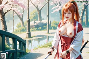 A woman with long red hair stands outdoors, holding a sword, surrounded by cherry blossoms.