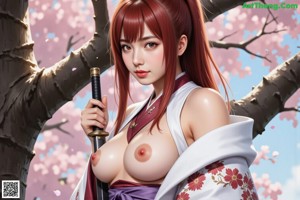 A woman with red hair in a ponytail, wearing a white top and purple shorts, holding a sword, standing under cherry blossoms.