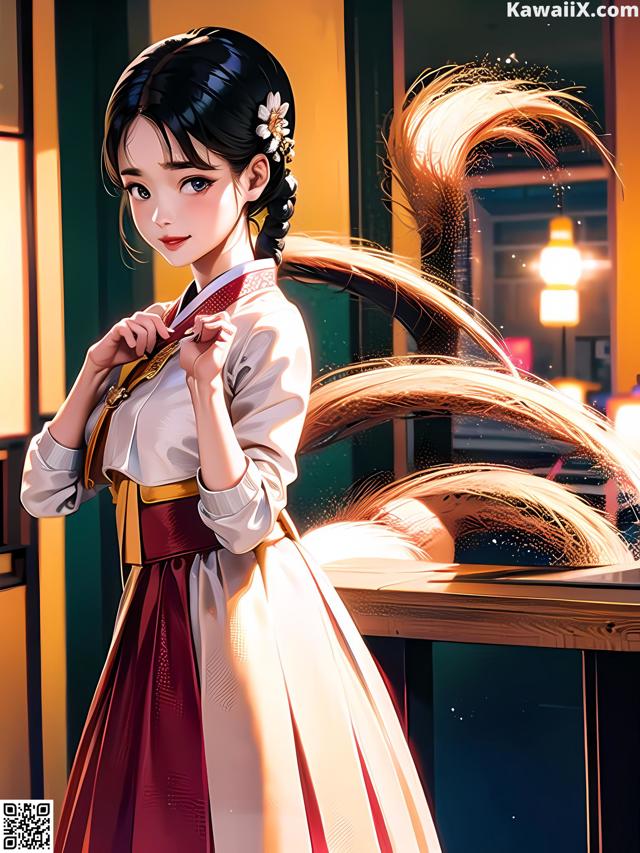 A woman in a white and red dress standing in front of a window.