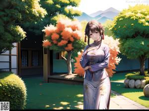 A woman in a blue kimono standing in front of a window.