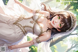 A woman in a wedding dress standing in a forest.