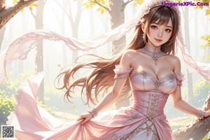 A woman in a wedding dress walking through a forest.
