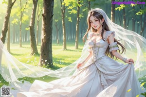 A woman in a wedding dress walking through a forest.