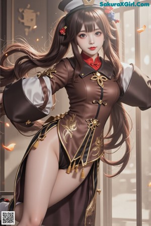 A woman in a black and gold outfit posing for a picture.