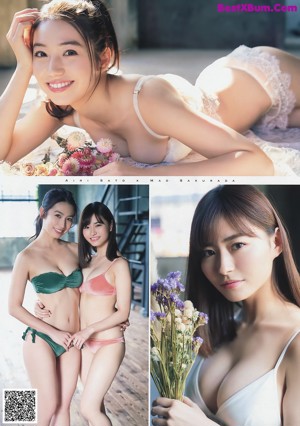 two asian women in bikinis posing for a picture