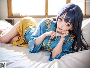 A woman in a blue kimono sitting on a bed.