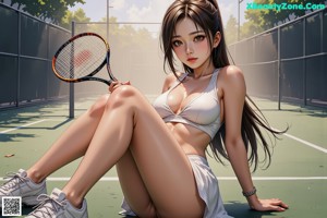 A woman in a sports bra top and skirt holding a tennis racket.