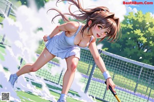 A woman holding a tennis racket on a tennis court.