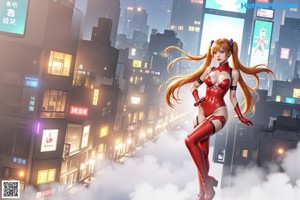 A woman in a red latex outfit standing in the middle of a city.