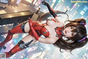 A woman in a red and black outfit standing in the middle of a city.