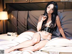 A woman in a black lingerie posing on a bed.