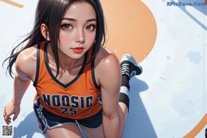 A girl in a basketball uniform standing in front of a door.