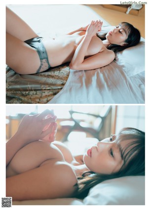 A woman in a white dress sitting on a bed.