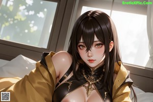 A woman in a black and gold outfit holding a sword.