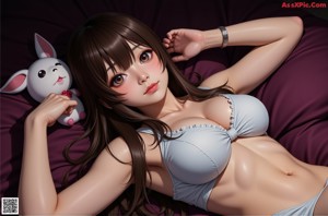 A naked woman sitting on a bed next to a pink teddy bear.