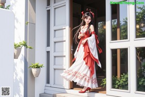 A woman in a red and white dress with a flower in her hair.