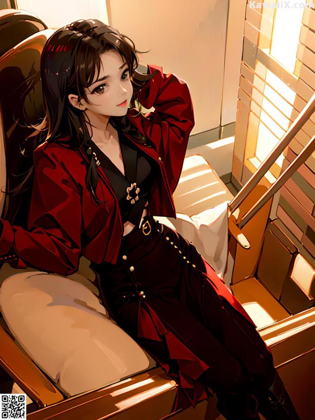 A woman in a red jacket sitting on a train.