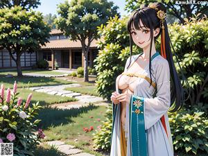 A woman in a white dress standing in a garden.