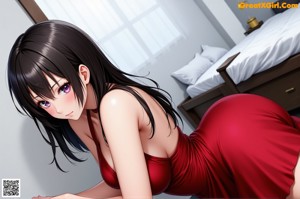 A woman in a red bra and black stockings posing by a window.