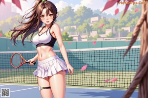 A woman in a bikini holding a tennis racket on a tennis court.